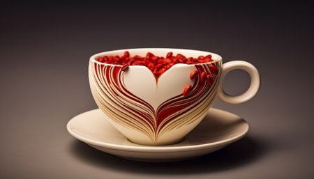 Cup of coffee with heart shaped red candies on dark backgroundの素材