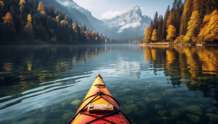 Kayak on the lake in the autumn. The concept of active and extreme tourismの素材