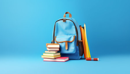 Blue backpack with books and pencils on blue background. Back to school concept. 3D Renderingの素材