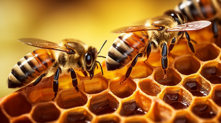 Close up view of the working bees on honeycells. Macro photography of bees on honeycells.の素材