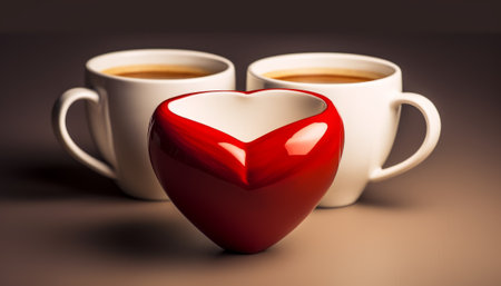 Two cups of coffee with a red heart on a dark background.の素材