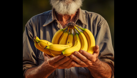 Senior man holding a bunch of bananas in his hands, close-upの素材