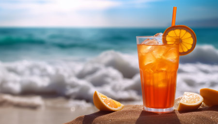Glass of orange juice with ice cubes on the sand near the seaの素材