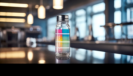 Glass medical vial on table in front of blurred background. 3D Renderingの素材