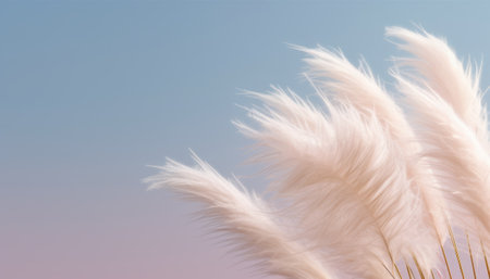 Fluffy white fluffy grass on a blue background. Soft focus.の素材