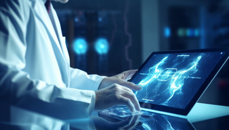 Hands of medical doctor working with modern tablet computer. 3D renderingの素材