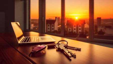 Keychain and laptop on the table in front of the window with a beautiful sunsetの素材