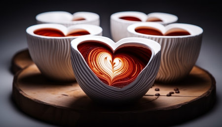 Coffee cups in the shape of a heart on a dark backgroundの素材