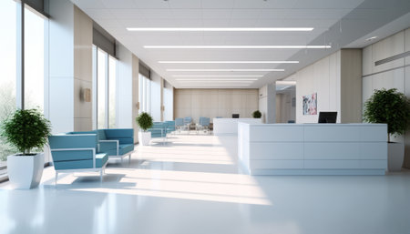 Interior of a modern office with white walls, a concrete floor, a white reception desk with a computer and a green plant. 3d rendering mock upの素材
