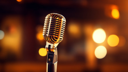 Vintage microphone on stage with bokeh lights in the backgroundの素材