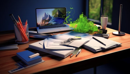 Laptop and office supplies on a desk. 3d rendering.の素材