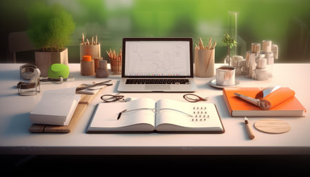 Laptop on a desk with office supplies. 3d rendering.の素材