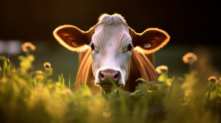 Cows in the meadow at night. Close up portrait of a cow.の素材