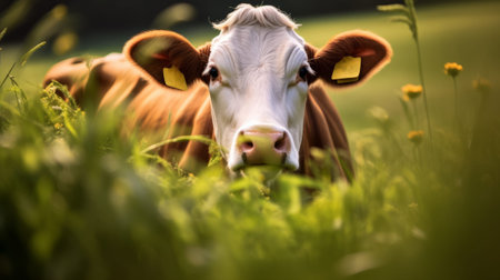 Cow in a green meadow, looking at the camera and smilingの素材