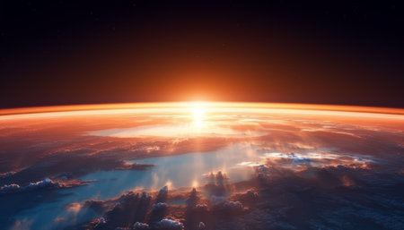 sunrise over planet earth, 3d render illustration of space backgroundの素材