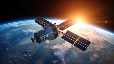 View of a satellite orbiting the planet Earth during a sunrise 3D renderingの素材