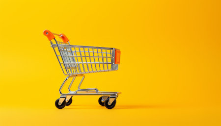 Shopping cart isolated on yellow background. Online shopping concept. Copy space.の素材