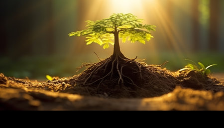Tree growing in the soil with sunlight on the background. Eco conceptの素材