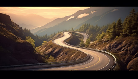 Mountain road in the mountains at sunset. 3d rendering.の素材