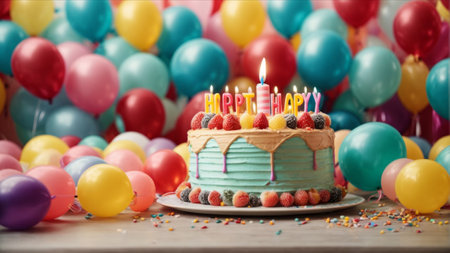 Birthday cake with candles and balloons on wooden table, closeupの素材