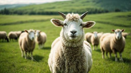 Sheep in a meadow on a sunny day. Selective focus.の素材