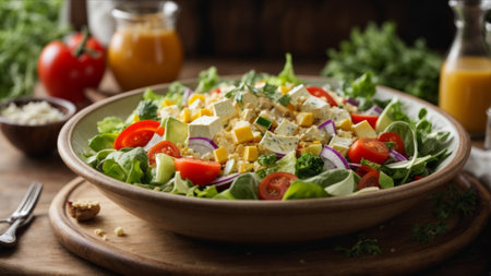 Fresh vegetable salad with feta cheese, tomatoes, cucumbers, red onion, arugula and herbsの素材