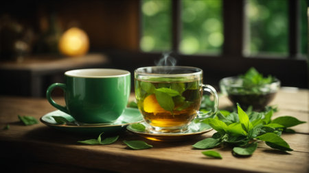 Cup of tea with fresh mint leaves on wooden table in cafeの素材