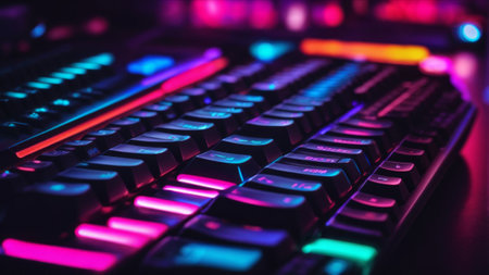 Close up of computer keyboard with colorful lights. Selective focus.の素材