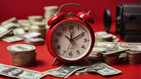 Alarm clock and money on red background. Time is money.の素材