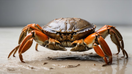 A closeup shot of a crab on a white surface with blurred backgroundの素材