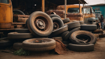 Old rusty cars are on the ground in a junkyard.の素材