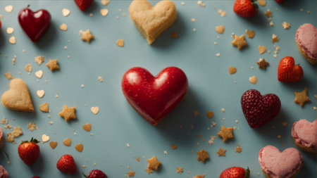 Valentine's Day background. Red heart and cookies on blue background.の素材