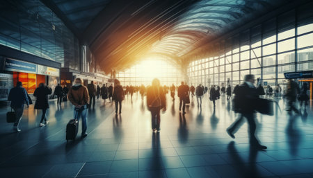 passengers at the airport, blurred motion, toned image.の素材