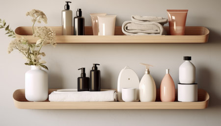 Bathroom shelf with cosmetic products and flowers. 3d renderingの素材