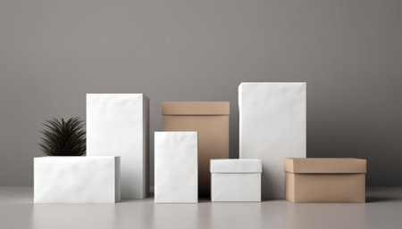 3d rendering of a set of white and brown boxes on a gray backgroundの素材