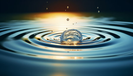 Water drop with ripples. Splash effect after collision a falling drop with water Surfaceの素材