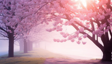 Cherry blossoms in a foggy morning. Spring landscape.の素材