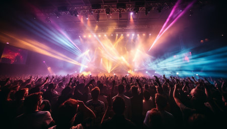 crowd in front of a concert stage with bright rays of lightの素材