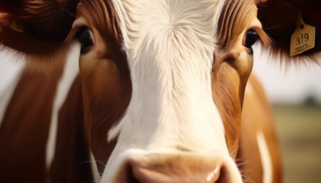 Close-up of head of a cow on a background of the fieldの素材