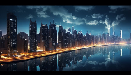 Night scene of city with skyscrapers and river as a backgroundの素材