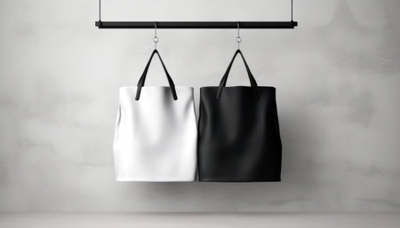 Black and white shopping bags hanging on the wall. 3d renderingの素材