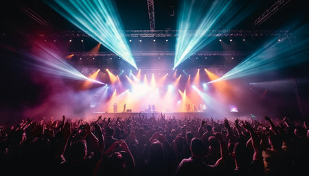 Crowd in front of a concert stage with bright rays of lightの素材
