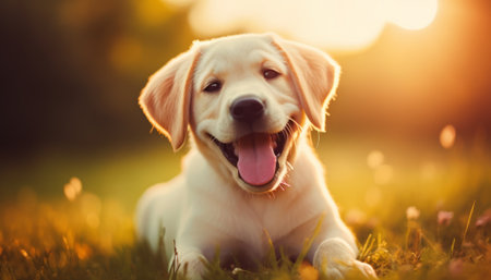Labrador retriever puppy lying on the grass in sunset light.の素材