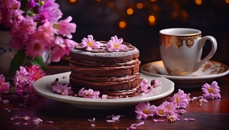 Chocolate cake with pink flowers and cup of coffee on wooden tableの素材