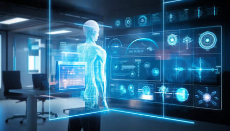 Digital composite of 3D man with laptop in office with blue interfaceの素材