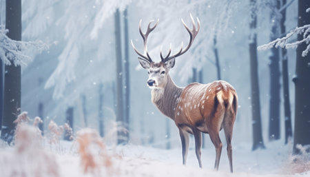 Beautiful red deer in winter forest. Filtered image processed vintage effect.の素材