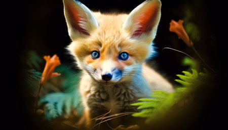 Cute red fox with blue eyes in the forest. Studio shot.の素材