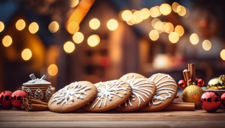 Christmas gingerbread cookies on wooden table and bokeh lights backgroundの素材