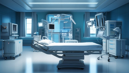 3D rendering of an operating room with a hospital bed and equipmentの素材