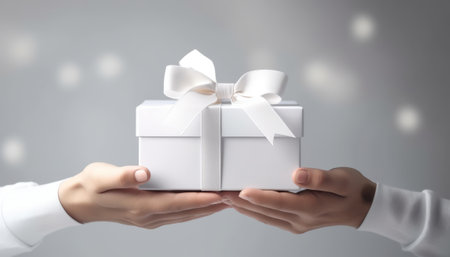 Close up of woman hands holding white gift box with white bow.の素材